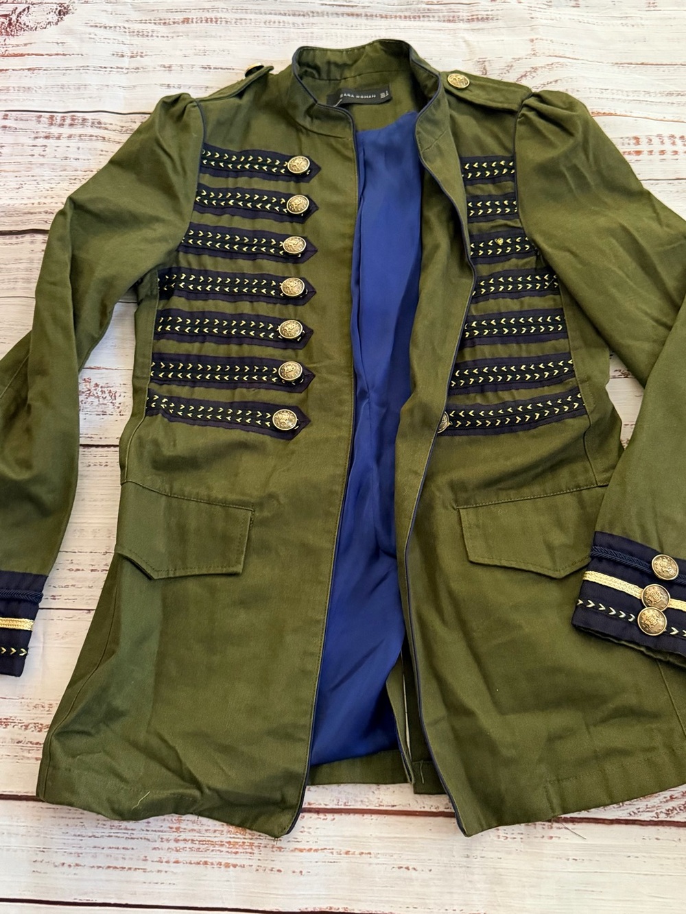 Zara Women’s Olive Military Jacket with Navy Trim and Gold Buttons Size Small